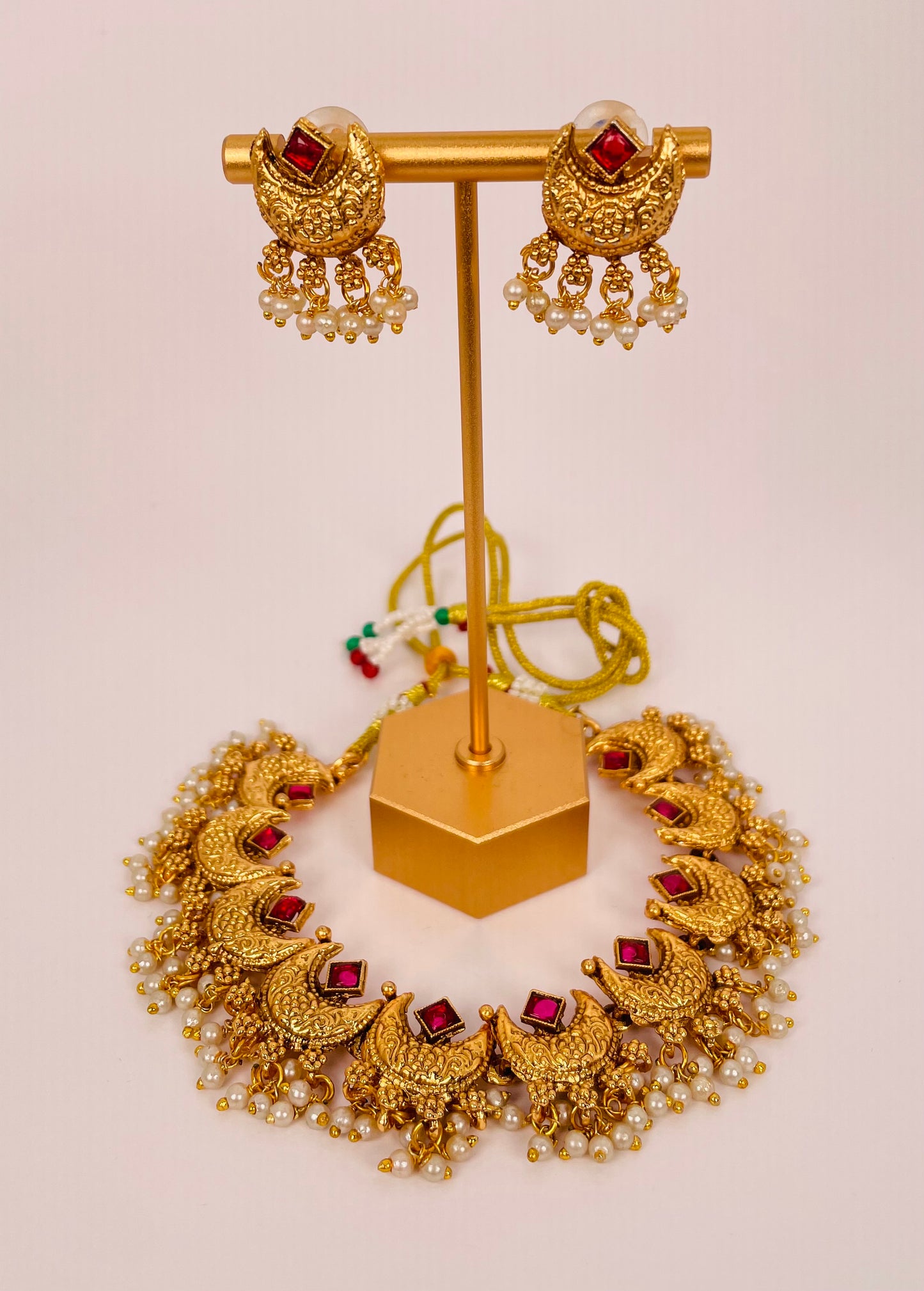 Chandrakala Ruby - Stone Gold Beaded Necklace Set