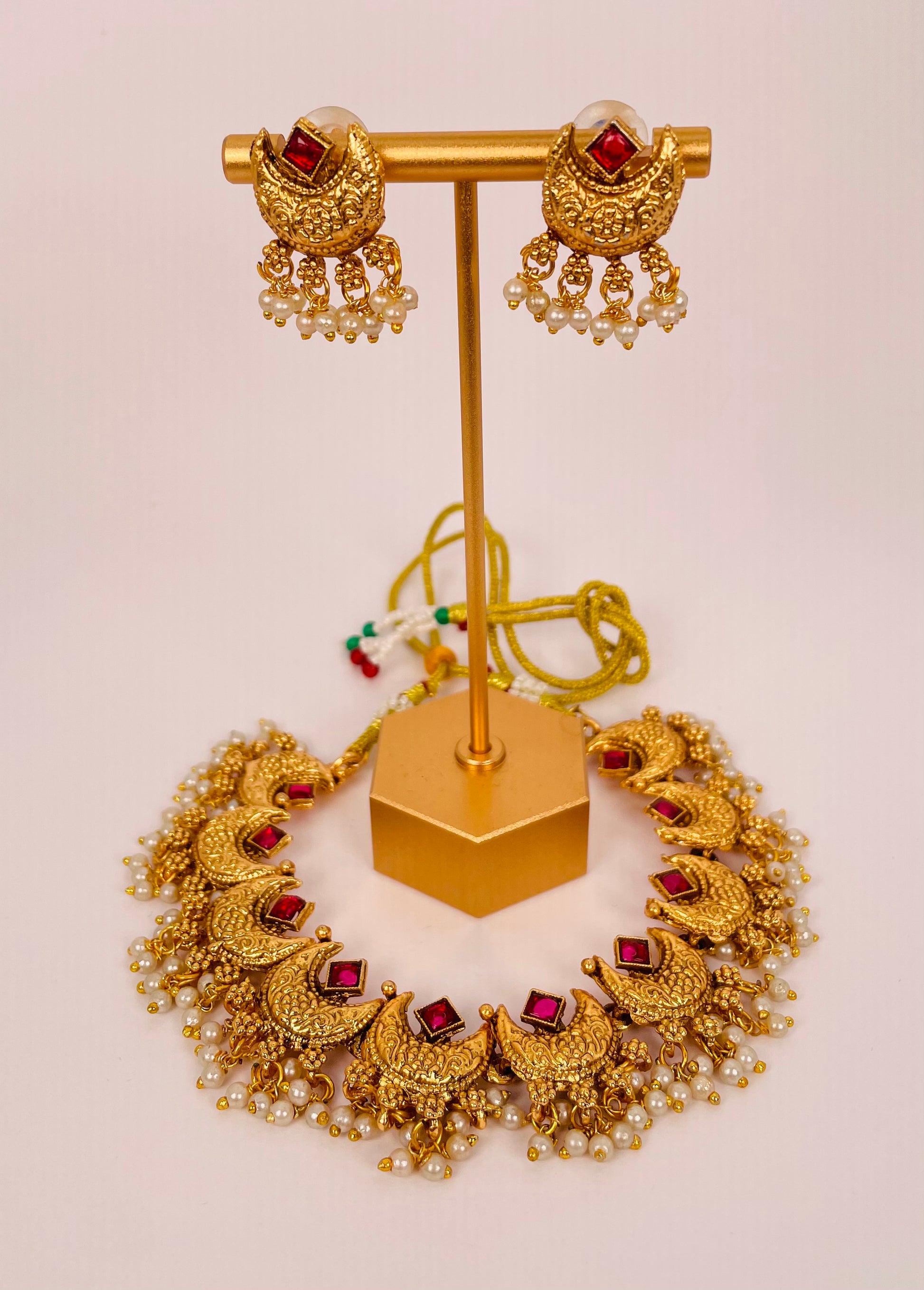 Chandrakala Ruby - Stone Gold Beaded Necklace Set