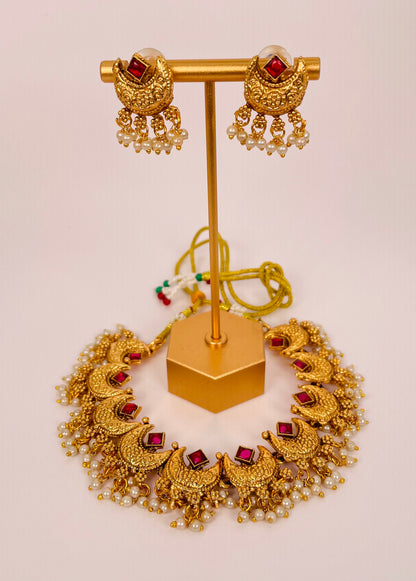 Chandrakala Ruby - Stone Gold Beaded Necklace Set