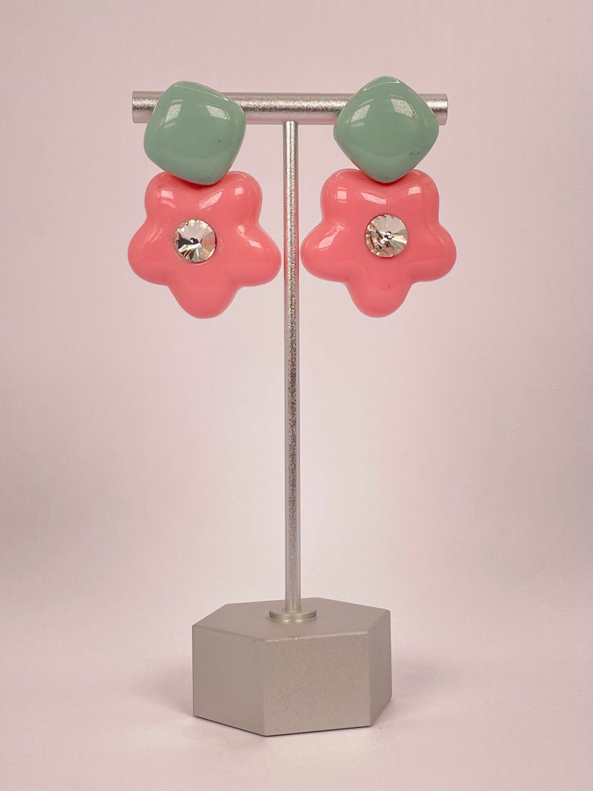 Lina Bloom - Mint Green Pink Flower Earring