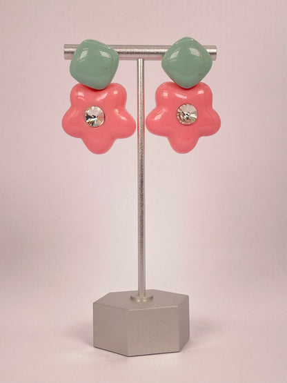 Lina Bloom - Mint Green Pink Flower Earring
