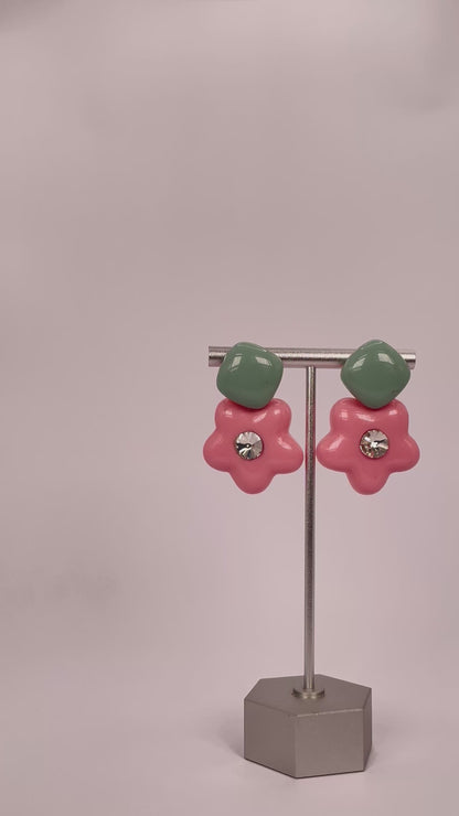 Lina Bloom - Mint Green Pink Flower Earring