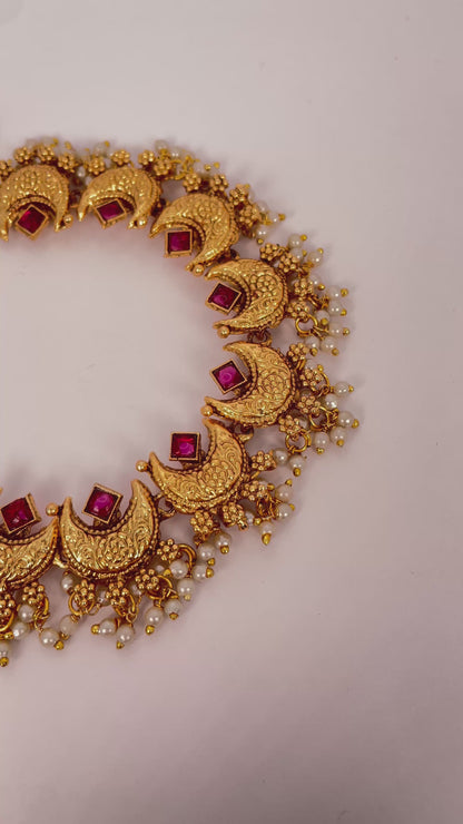 Chandrakala Ruby - Stone Gold Beaded Necklace Set
